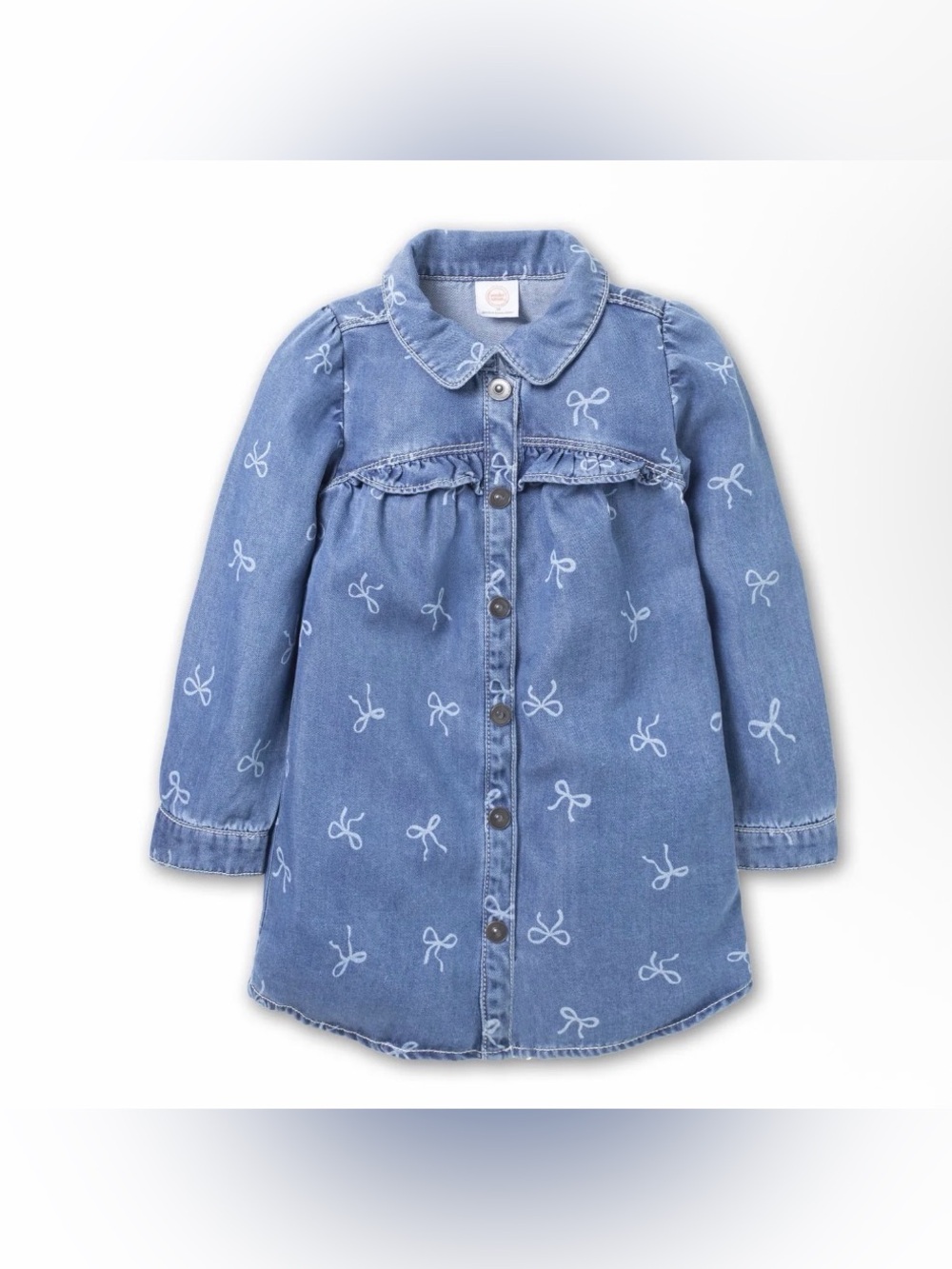 (135)Girls' Blue Denim Button-Up Jacket Dress with Bow Print
